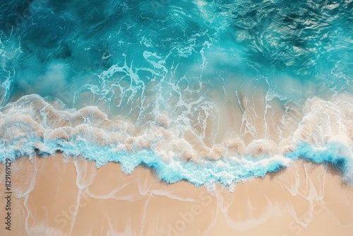 Top view of the beautiful ocean shore with waves and foam on the sand. Seychelles. Texture and background tourism design - generative ai