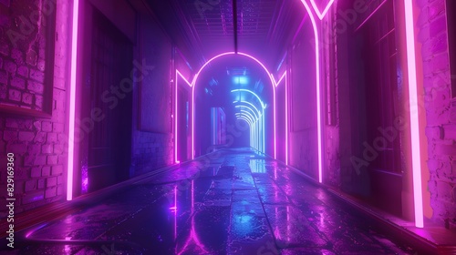 abstract background of futuristic corridor with purple and blue neon lights. 