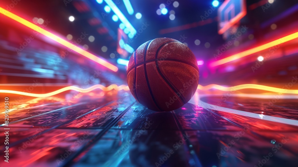 Digital arena showcases a glowing basketball amid dynamic neon streaks Digital arena showcases a glowing basketball amid dynamic neon streaks