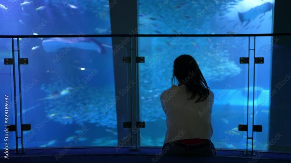 Happy Asian woman enjoy learning sea life in fish tank at Underwater Zoo Aquarium. Attractive girl touching large glass tank with aquatic animals shoal of fish and stingray during travel in Oceanarium Happy Asian woman enjoy learning sea life in fish tank at Underwater Zoo Aquarium. Attractive girl touching large glass tank with aquatic animals shoal of fish and stingray during travel in Oceanarium