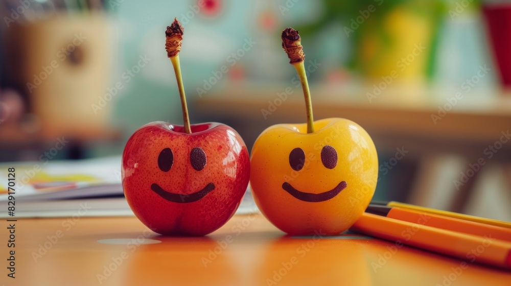 Two couple cherry with smiley faces on a desk. International Friendship Day Concept. Two couple cherry with smiley faces on a desk. International Friendship Day Concept.