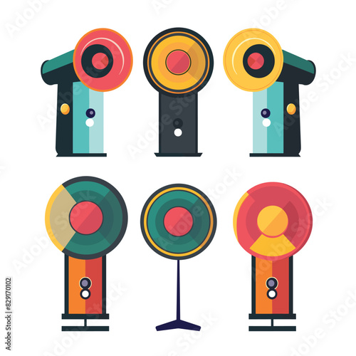 Flat design vector illustration colorful spotlights. Six graphical spotlights vibrant colors displayed two rows. Retro spotlight design primary colors isolated white background