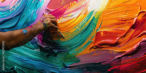 An artist adds the final touches to their vibrant, colorful mural, the colors almost jumping off the wall photo