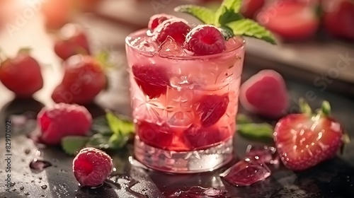 A glass of pink liquid, garnished with raspberries and mint, on a table in front of more strawberries. 