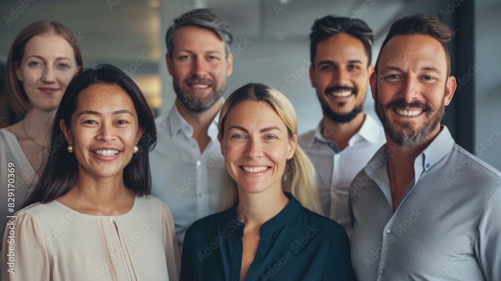 Obraz premium Professional white-collar team smiling confidently in a modern office setting, faces sharply in focus under bright lights, HD close-up of their upper bodies