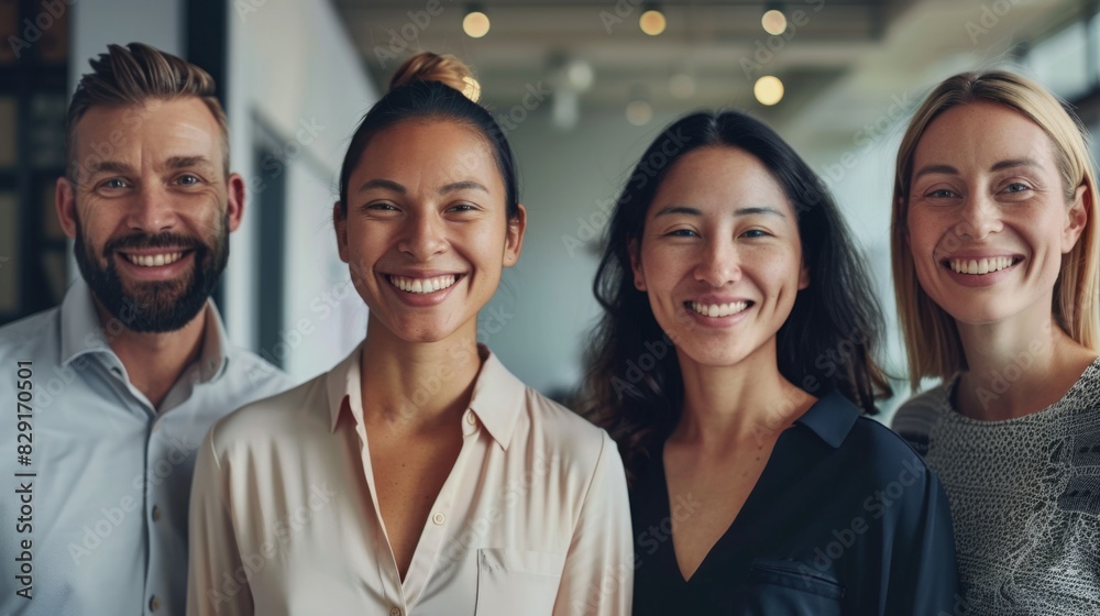 Professional white-collar team smiling confidently in a modern office setting, faces sharply in focus under bright lights, HD close-up of their upper bodies Professional white-collar team smiling confidently in a modern office setting, faces sharply in focus under bright lights, HD close-up of their upper bodies