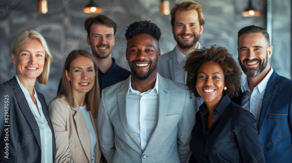 Professional white-collar team smiling confidently in a modern office setting, faces sharply in focus under bright lights, HD close-up of their upper bodies Professional white-collar team smiling confidently in a modern office setting, faces sharply in focus under bright lights, HD close-up of their upper bodies
