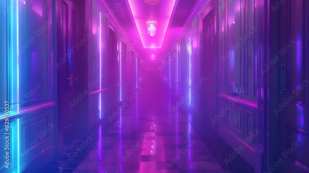 abstract background of futuristic corridor with purple and blue neon lights. 