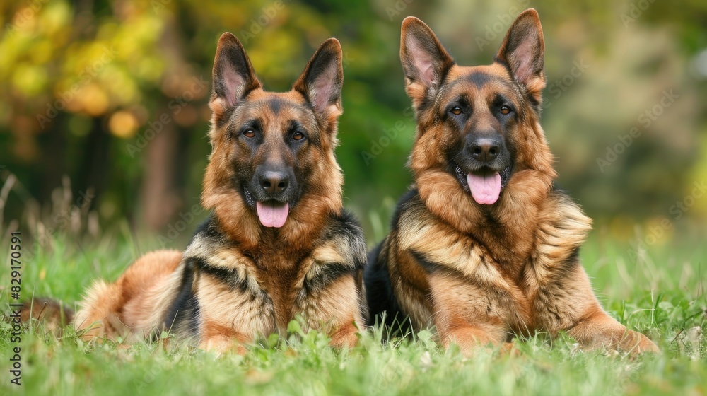 Adult German Shepherds relaxing on the grass Adult German Shepherds relaxing on the grass