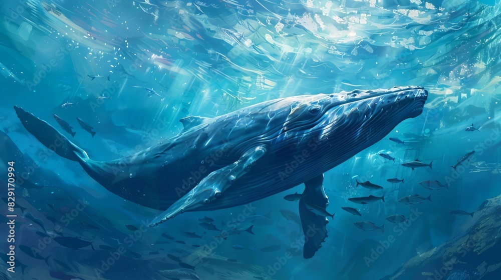 majestic encounter blue whale gracefully navigating squid school digital painting