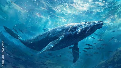 majestic encounter blue whale gracefully navigating squid school digital painting © furyon