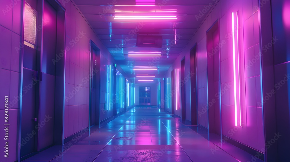 abstract background of futuristic corridor with purple and blue neon lights. 