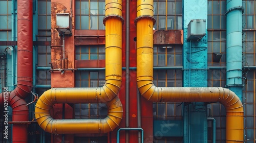 Industrial plant exteriors with crisscrossing pipes and vents against a backdrop of colorful industrial buildings photo