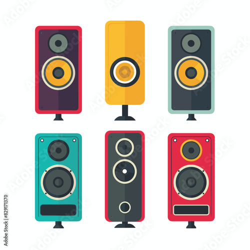 Set colorful standing speakers isolated white background. Six different speaker designs, flat vector illustration style, audio equipment. Collection music speakers, sound system icons, various
