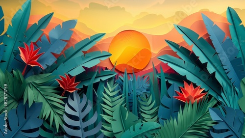 Paper cutout of vibrant jungle foliage under a radiant sun