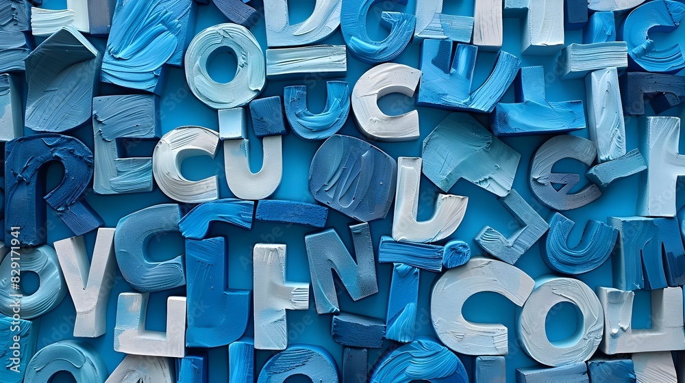 Vibrant Blue and White Typographic Composition with Unique Alphabet Letters Vibrant Blue and White Typographic Composition with Unique Alphabet Letters