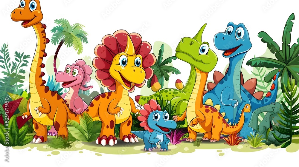 Fototapeta premium Vibrant Cartoon Dinosaur Scene with Playful Prehistoric Creatures in a Lush Tropical Setting