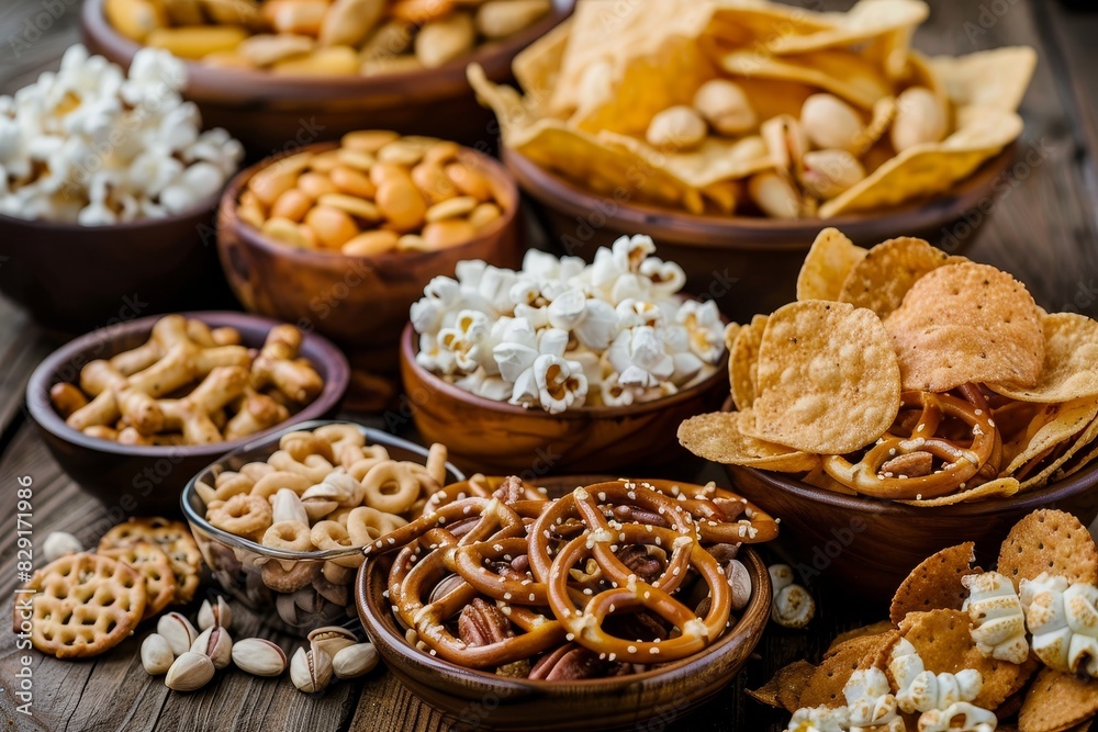 Assortment of snacks pretzels crackers chips nuts popcorn nachos