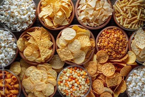 Assortment of salty snacks and appetizers including chips crackers popcorn Panoramic banner view