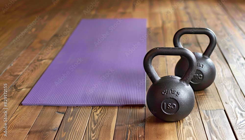 10kg kettlebell weights and purple yoga mat on the ground 10kg kettlebell weights and purple yoga mat on the ground