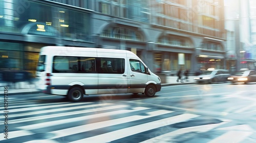 modern white minibus navigating busy city streets efficient urban transportation concept moving scenery blur