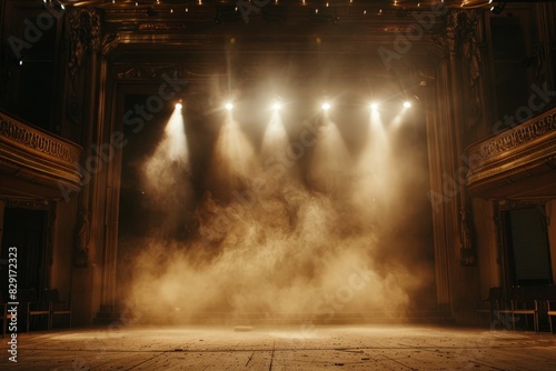 A darkened theater stage before the show illuminated by spotlights and smoke