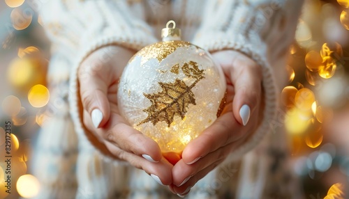 A globe like Christmas ball with a gold leaf symbolizing Earth care Resolving issues in the new year hoping for peace