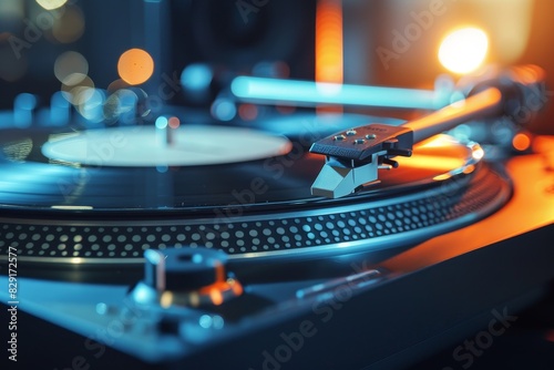 Adjust volume on DJ vinyl record player s turntable photo