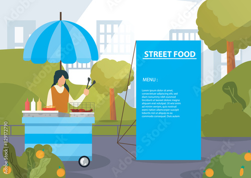 young girl selling food cart on the side of the road, where street vendors sell. vector illustration