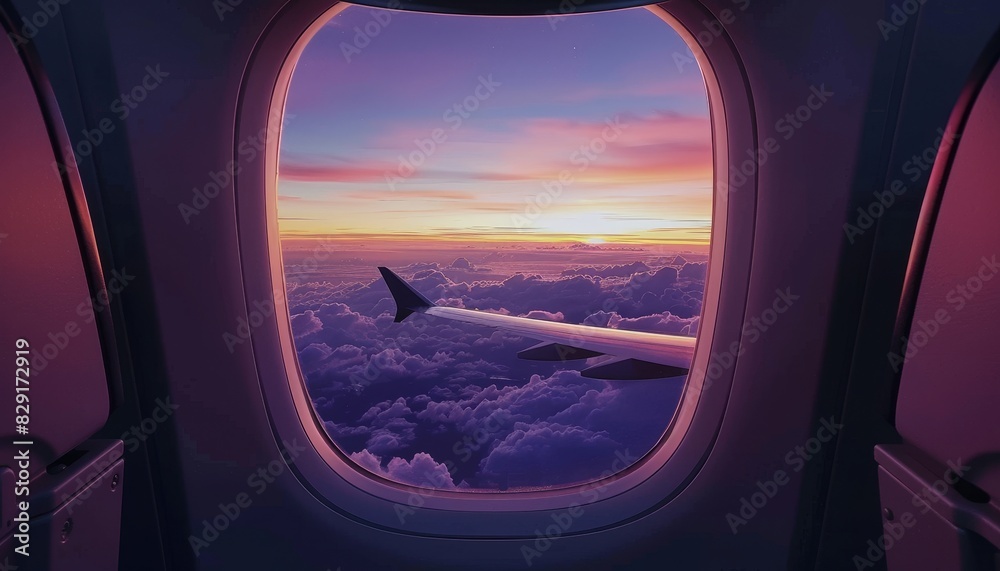 Airplane window reveals evening sky