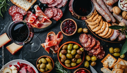 Assorted appetizers including antipasti charcuterie snacks and red wine Sausage ham tapas olives and crackers for buffet Top down view