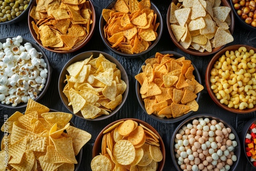 Assorted appetizers include chips crackers and popcorn in a panoramic banner layout