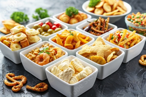 Assorted savory snacks in square porcelain bowls