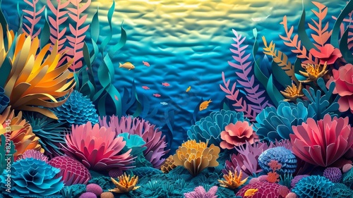 Intricate paper craft art depicting a colorful underwater coral reef