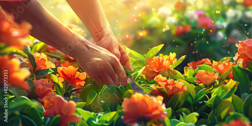 A gardener carefully tends to their vibrant garden, lovingly pruning each bloom to perfection photo