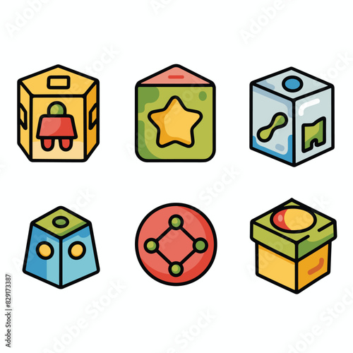 Colorful collection vector illustrations depicting various geometric shapes designed threedimensional blocks, block features different symbols bell, star, trail, dots, hexagon, sun. Bright primary