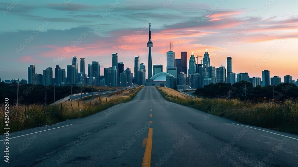 serene empty road leading to distant city skyline at dusk minimalist landscape