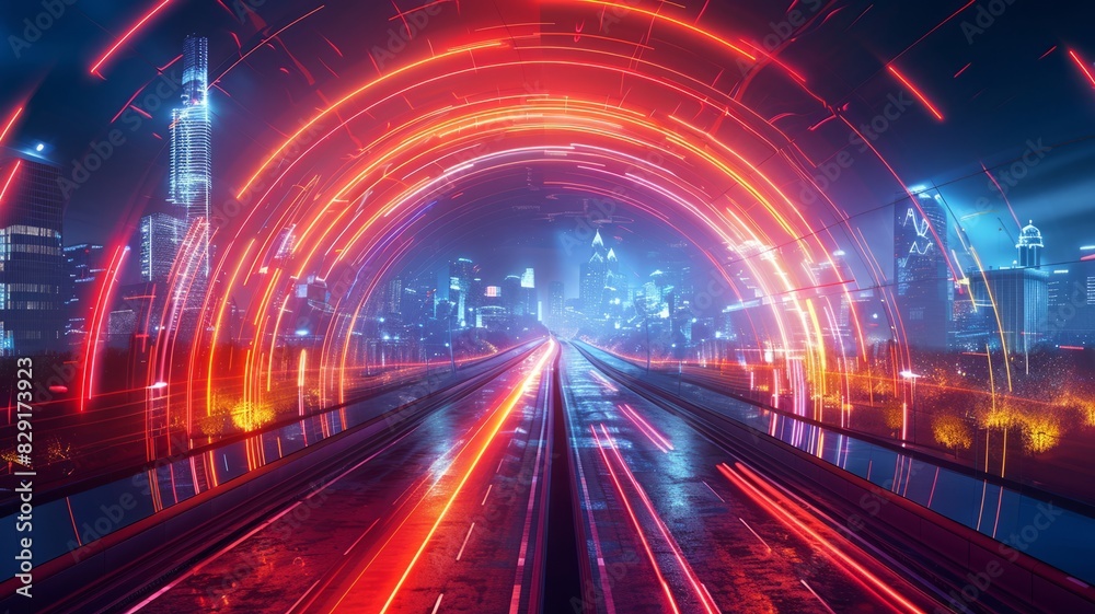 Futuristic cityscape with neon lights and speed trails