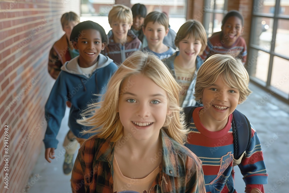 High angle view of a group of diverse elementary school students smiling at the camera High angle view of a group of diverse elementary school students smiling at the camera