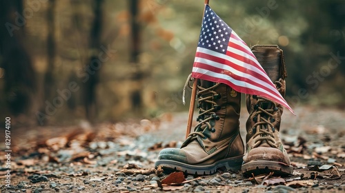 solemn military boots and american flag honoring fallen soldiers on memorial day conceptual photography photo