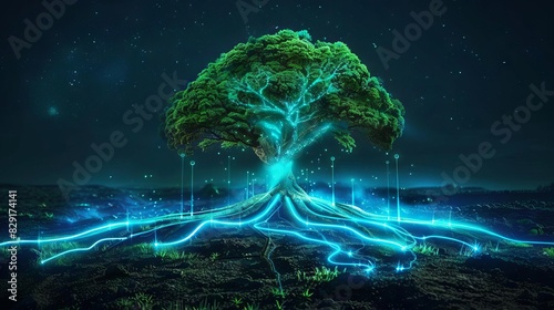 solitary tree with roots transforming into glowing electrical cables symbol of innovation and progress concept illustration photo