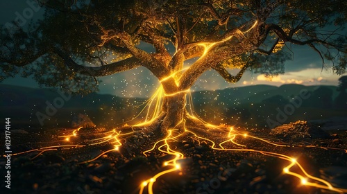 solitary tree with roots transforming into glowing electrical cables symbol of innovation and progress concept illustration photo