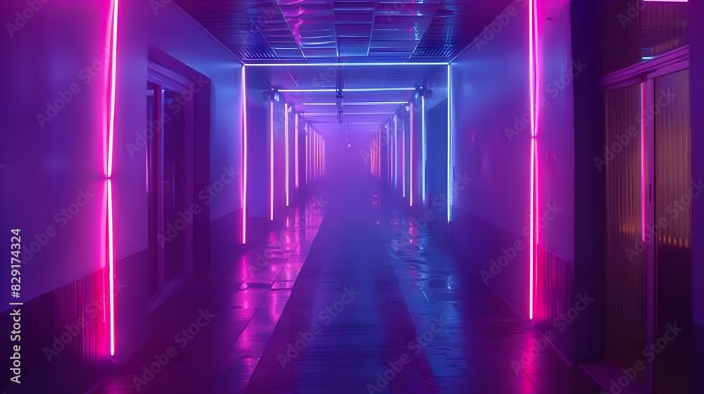 abstract background of futuristic corridor with purple and blue neon lights. 