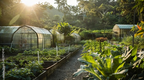 traditional vegetable greenhouses in a lush garden setting showcasing sustainable farming practices photography photo
