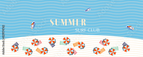 Summer  horizontal poster with beach, yacth, surf, sand and sea waves. Flat style design template for poster, banner, header, cover. Summer holidays, journey, vacation travel illustration.