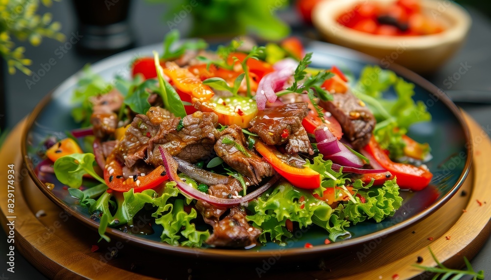 Beef salad with vegetables served in a restaurant Beef salad with vegetables served in a restaurant