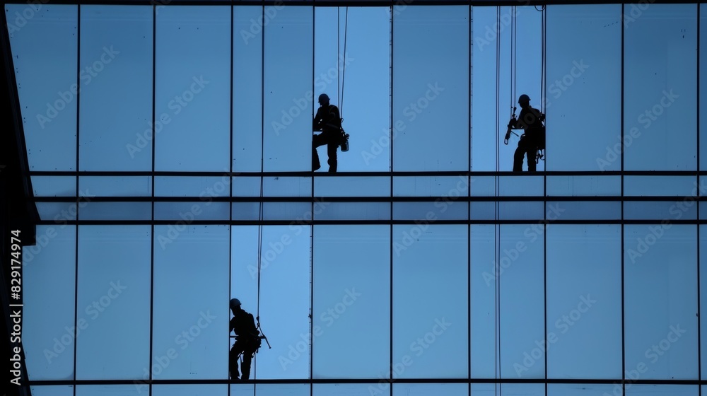 From the ground workers can be seen delicately placing windows onto the building their silhouettes standing tall against the sky. From the ground workers can be seen delicately placing windows onto the building their silhouettes standing tall against the sky.