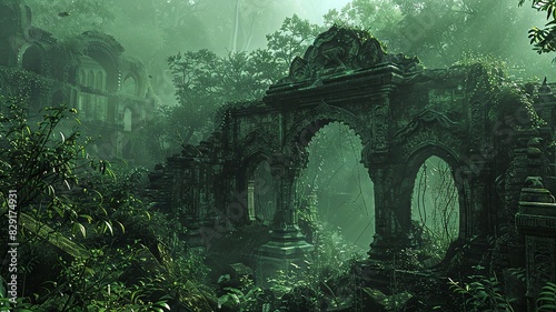 Enigmatic ancient ruins covered in moss and fog in lush forest photo