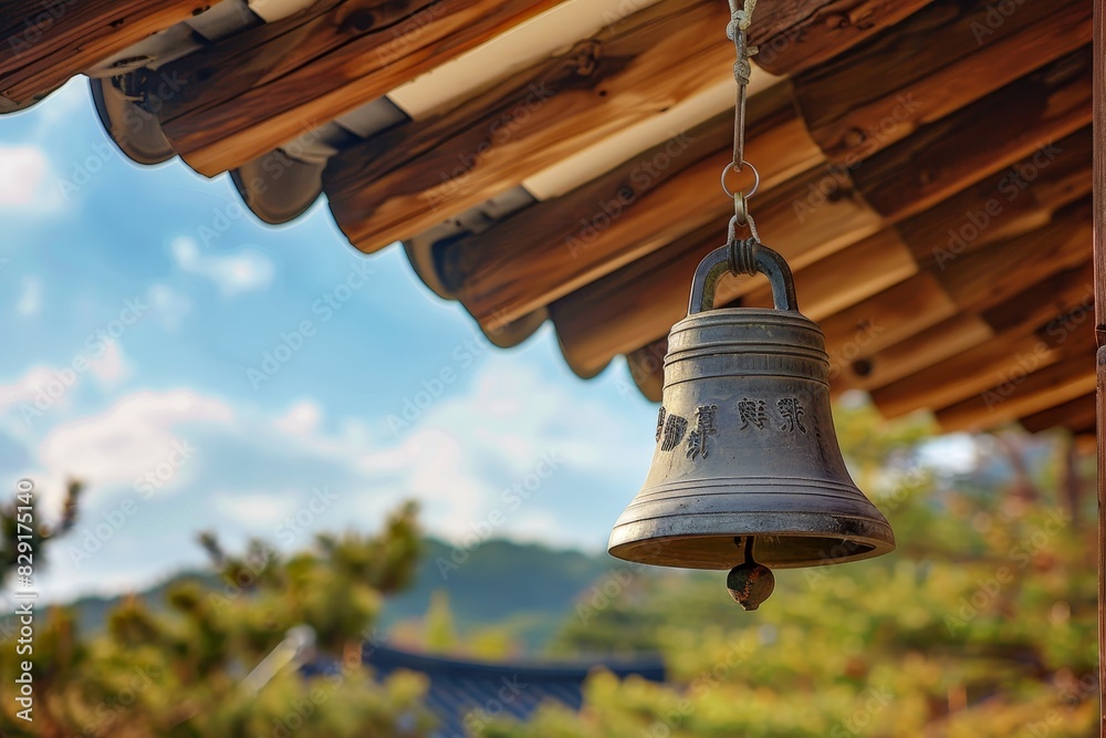 Bell hanging from eaves of traditional building