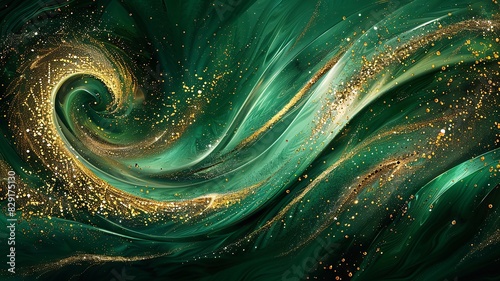 Opulent abstract in emerald green with glittering gold swirls